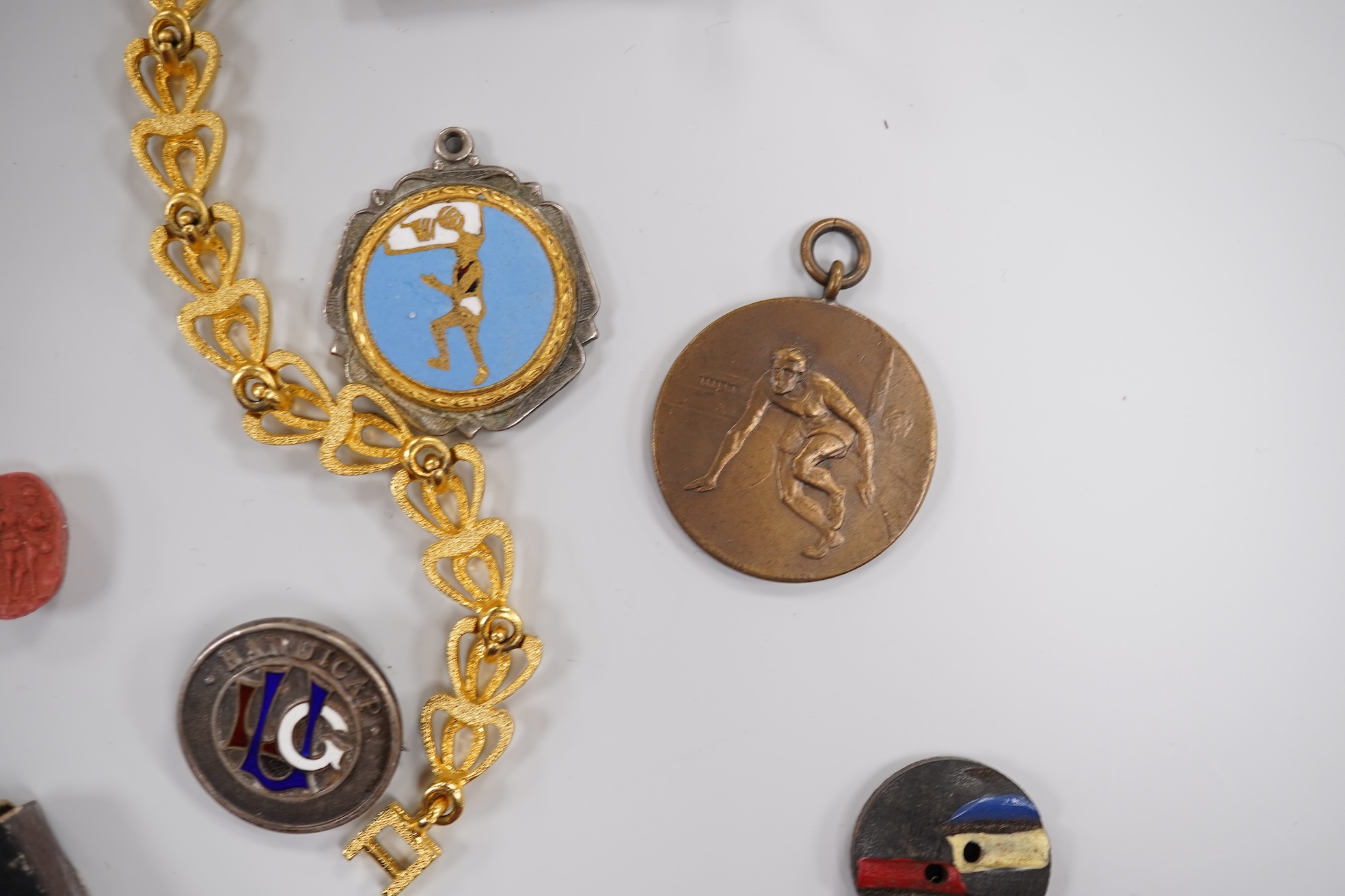 Objects of vertu and miscellaneous items to include mosaic cross, enamel jewels and brooches